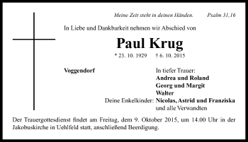 Traueranzeige von Paul Krug von Neustadt/ Scheinfeld/ Uffenheim