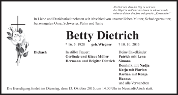 Traueranzeige von Betty Dietrich von Neustadt/ Scheinfeld/ Uffenheim