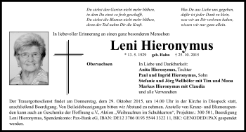 Traueranzeige von Leni Hieronymus von Neustadt/ Scheinfeld/ Uffenheim