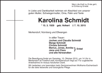 Traueranzeige von Karolina Schmidt von Ansbach