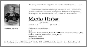 Traueranzeige von Martha Herbst von Neustadt/ Scheinfeld/ Uffenheim