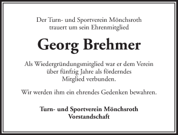 Traueranzeige von Georg Brehmer von Dinkelsbühl/ Feuchtwangen