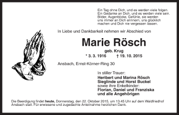 Traueranzeige von Marie Rösch von Ansbach