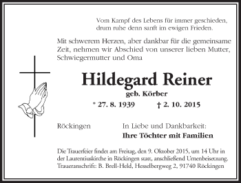 Traueranzeige von Hildegard Reiner von Dinkelsbühl/ Feuchtwangen