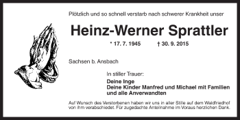 Traueranzeige von Heinz-Werner Sprattler von Ansbach