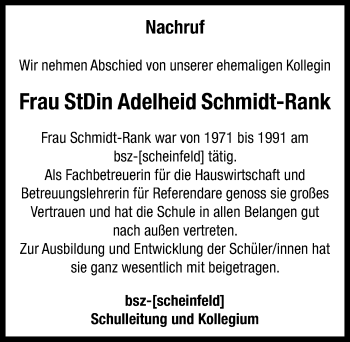 Traueranzeige von Adelheid Schmidt-Rank von Neustadt/ Scheinfeld/ Uffenheim