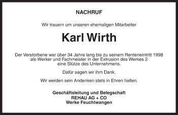 Traueranzeige von Karl Wirth von Dinkelsbühl/ Feuchtwangen