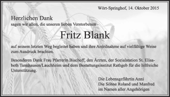 Traueranzeige von Fritz Blank von Dinkelsbühl/ Feuchtwangen
