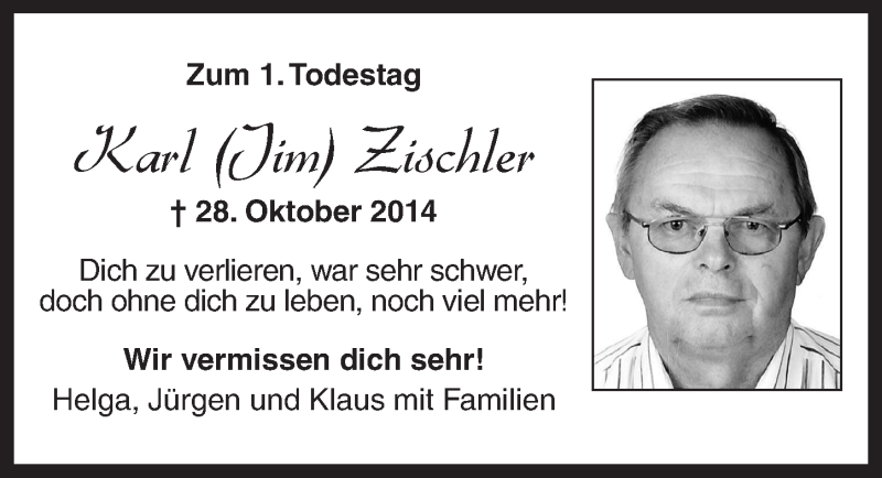  Traueranzeige für Karl Zischler vom 28.10.2015 aus Dinkelsbühl/ Feuchtwangen