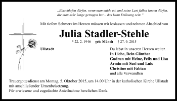 Traueranzeige von Julia Stadler-Stehle von Neustadt/ Scheinfeld/ Uffenheim