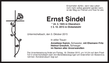 Traueranzeige von Ernst Sindel von Dinkelsbühl/ Feuchtwangen