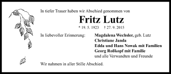 Traueranzeige von Fritz Lutz von Neustadt/ Scheinfeld/ Uffenheim