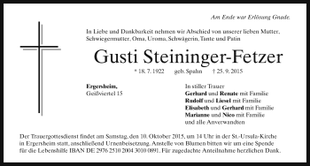 Traueranzeige von Gusti Steininger-Fetz von Neustadt/ Scheinfeld/ Uffenheim