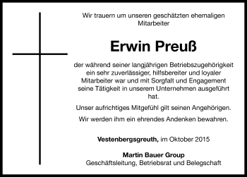 Traueranzeige von Erwin Preuß von Neustadt/ Scheinfeld/ Uffenheim