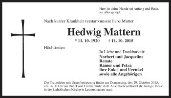 Traueranzeige von Hedwig Mattern von Ansbach