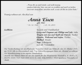 Traueranzeige von Anna Eisen von Neustadt/ Scheinfeld/ Uffenheim