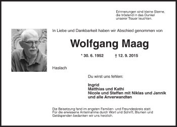 Traueranzeige von Wolfgang Maag von Dinkelsbühl/ Feuchtwangen