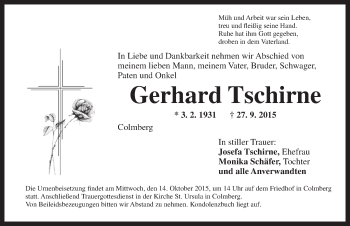 Traueranzeige von Gerhard Tschirne von Ansbach