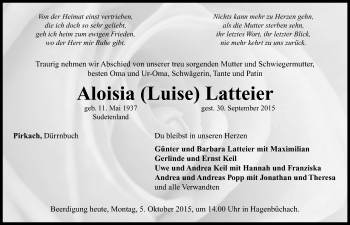 Traueranzeige von Aloisia Latteier von Neustadt/ Scheinfeld/ Uffenheim