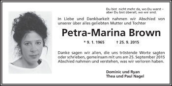 Traueranzeige von Petra-Marina Brown von Ansbach