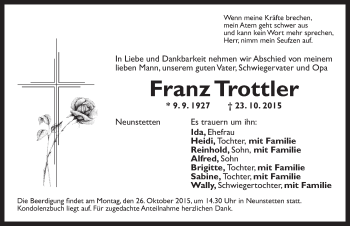 Traueranzeige von Franz Trottler von Ansbach