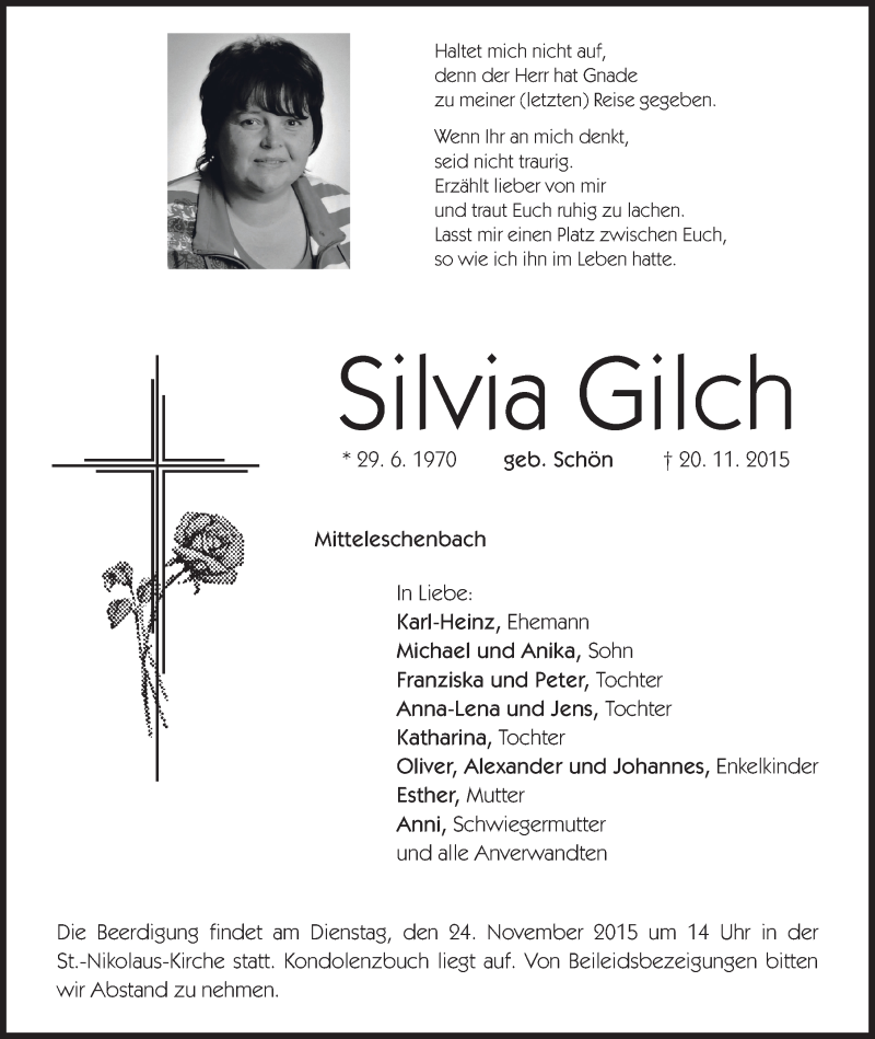  Traueranzeige für Silvia Gilch vom 23.11.2015 aus Ansbach