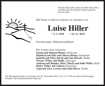 Traueranzeige von Luise Hiller von Dinkelsbühl/ Feuchtwangen