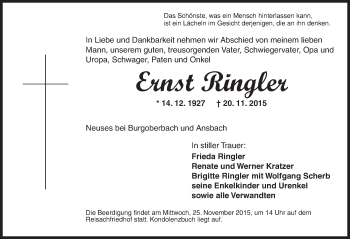 Traueranzeige von Ernst Ringler von Ansbach