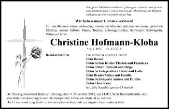 Traueranzeige von Christine Hofmann-Kloha von Neustadt/ Scheinfeld/ Uffenheim