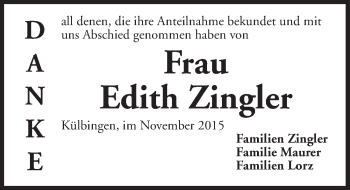 Traueranzeige von Edith Zingler von Ansbach