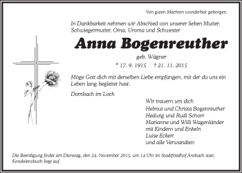 Traueranzeige von Anna Bogenreuther von Ansbach