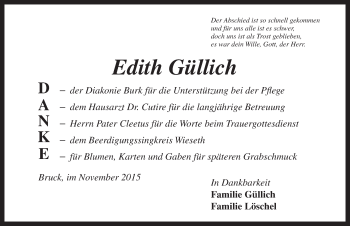 Traueranzeige von Edith Güllich von Dinkelsbühl/ Feuchtwangen