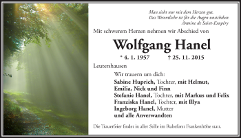 Traueranzeige von Wolfgang Hanel von Ansbach