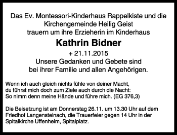 Traueranzeige von Kathrin Bidner von Rothenburg