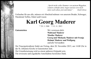 Traueranzeige von Karl Georg Maderer von Neustadt/ Scheinfeld/ Uffenheim