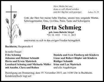 Traueranzeige von Berta Schmieg von Neustadt/ Scheinfeld/ Uffenheim