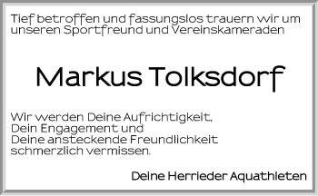 Traueranzeige von Markus Tolksdorf von Ansbach