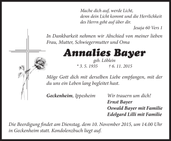 Traueranzeige von Annalies Bayer von Neustadt/ Scheinfeld/ Uffenheim