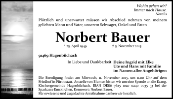 Traueranzeige von Norbert Bauer von Neustadt/ Scheinfeld/ Uffenheim