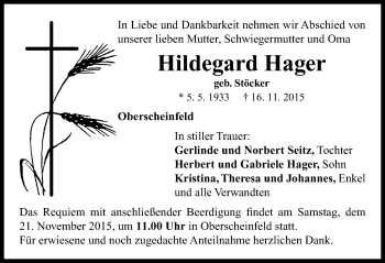 Traueranzeige von Hildegard Hager von Neustadt/ Scheinfeld/ Uffenheim