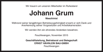 Traueranzeige von Johann Grum von Dinkelsbühl/ Feuchtwangen