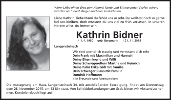 Traueranzeige von Kathrin Bidner von Neustadt/ Scheinfeld/ Uffenheim