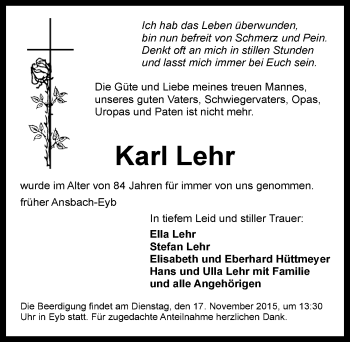Traueranzeige von Karl Lehr von Ansbach