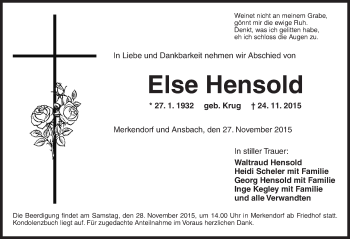 Traueranzeige von Else Hensold von Ansbach