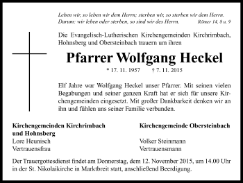 Traueranzeige von Wolfgang Heckel von Neustadt/ Scheinfeld/ Uffenheim