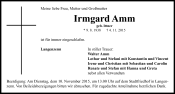 Traueranzeige von Irmgard Amm von Neustadt/ Scheinfeld/ Uffenheim