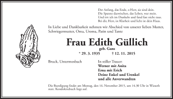 Traueranzeige von Edith Güllich von Dinkelsbühl/ Feuchtwangen