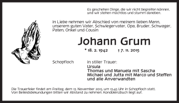 Traueranzeige von Johann Grum von Dinkelsbühl/ Feuchtwangen