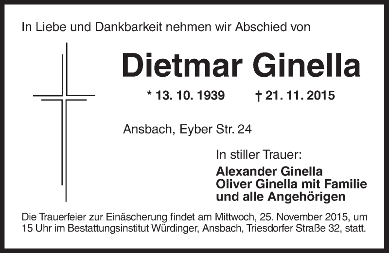  Traueranzeige für Dietmar Ginella vom 24.11.2015 aus Ansbach