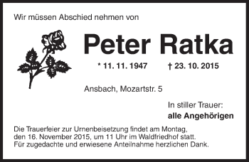 Traueranzeige von Peter Ratka von Ansbach